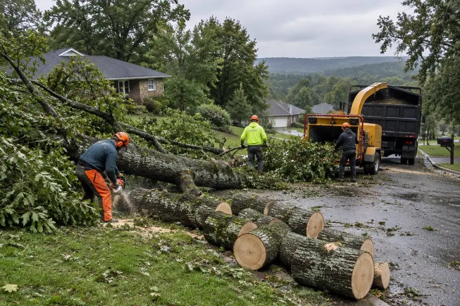 Tree crew clearing a storm-damaged tree from a Knoxville-area street
